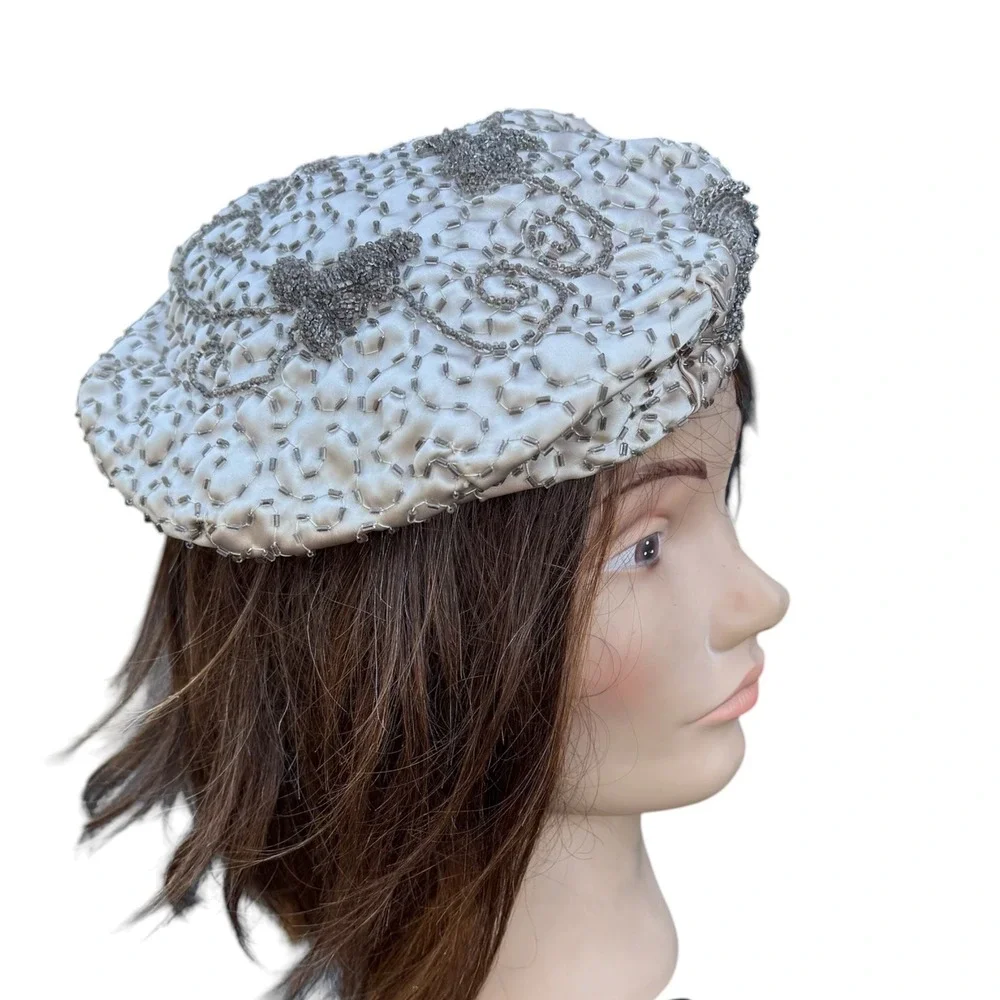 Vintage Hand‎ Beaded Satin Beret Pillbox Hat Champagne Silver Rhinestone